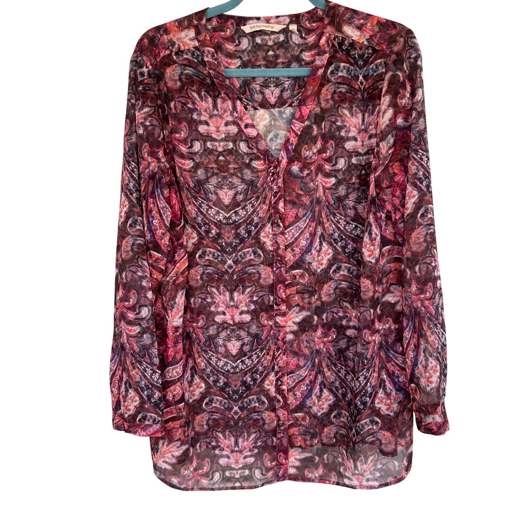 Soft Surroundings Blouse Women Large Burgundy Paisley Metallic Shimmer Sheer Top - Picture 9 of 9